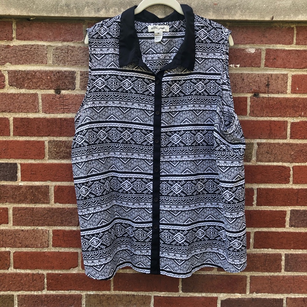 Black and white tribal sleeveless button-down